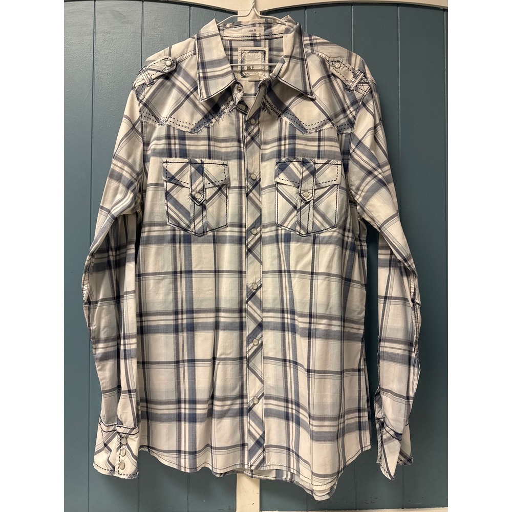 BKE Extra Large XL Slim Fit Plaid Western Shirt Embroidered Details